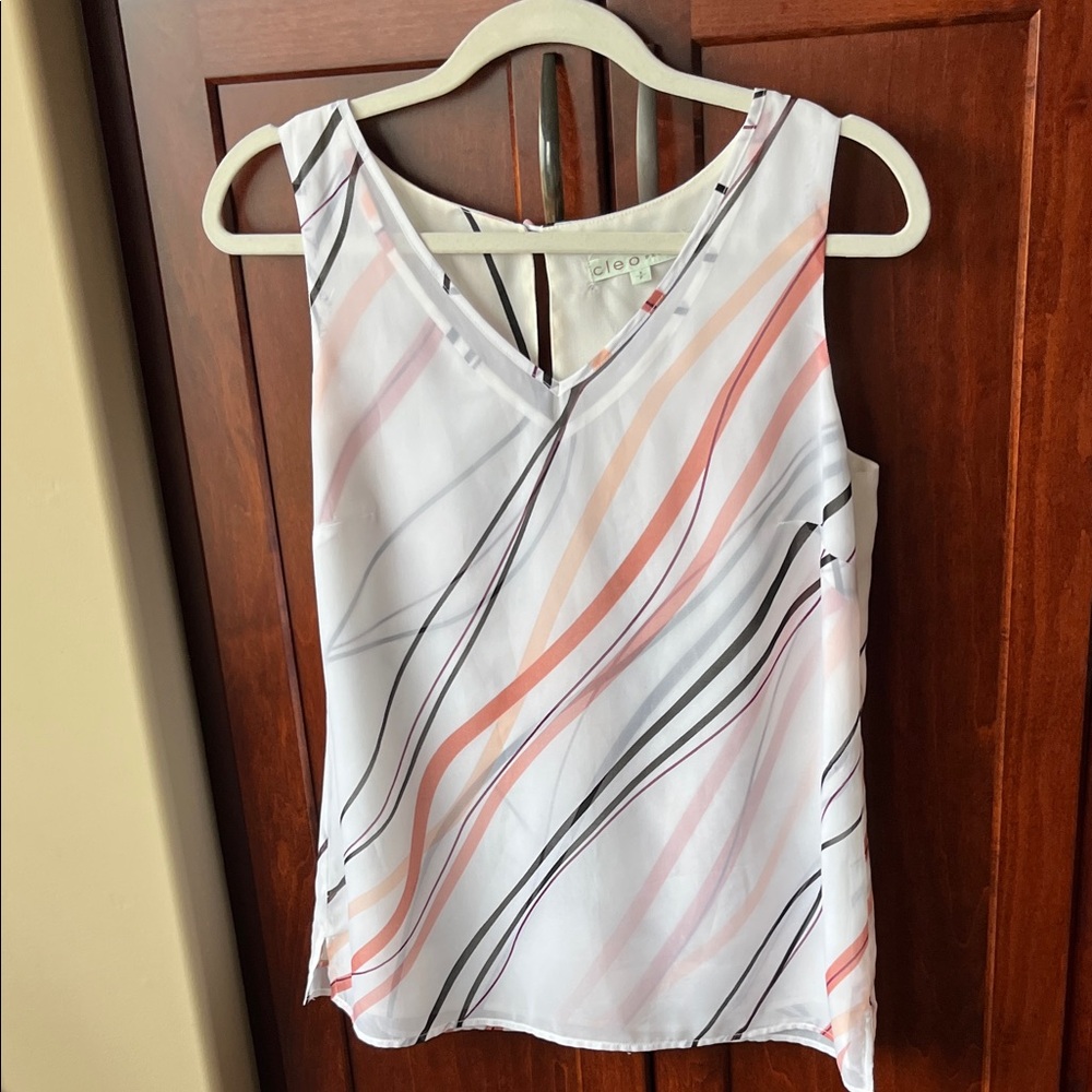 Cleo Women's V-Neck Sleeveless Top - White with Pink and Black Stripes